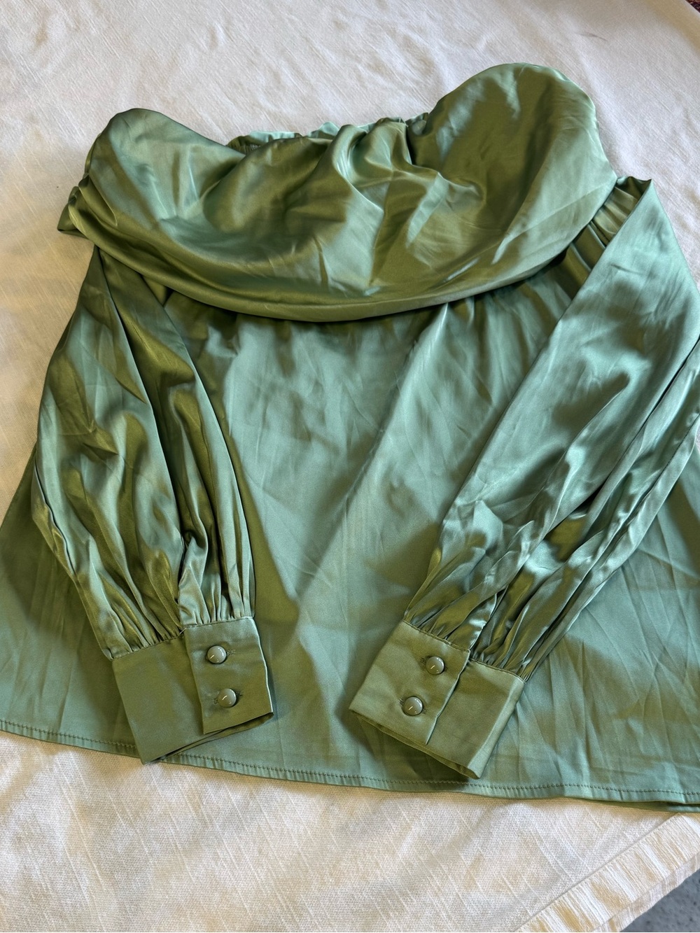 Grace Karin Olive Green Off-Shoulder Satin Blouse